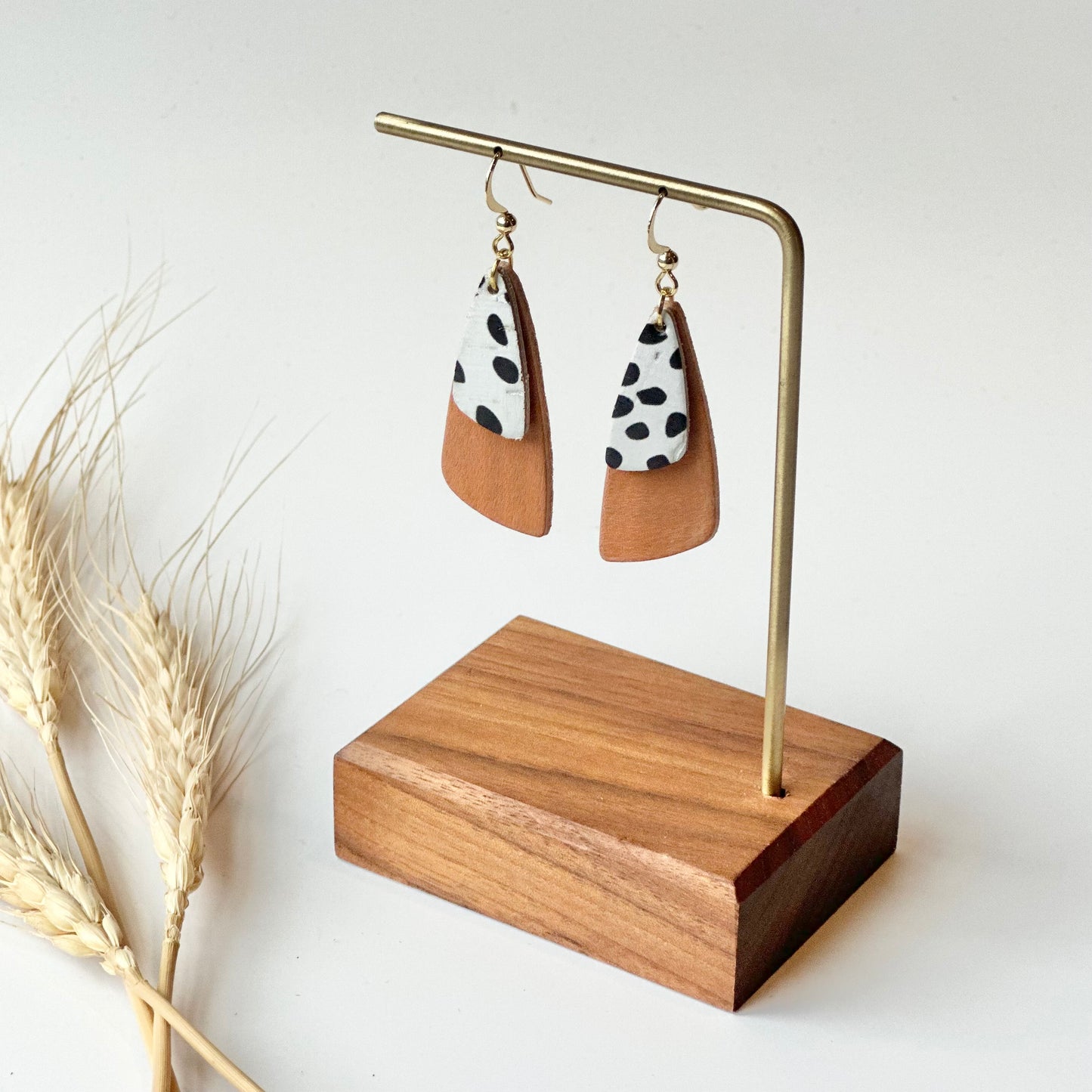 Natural Leather + Dalmatian Cork Drop Leaf Earrings