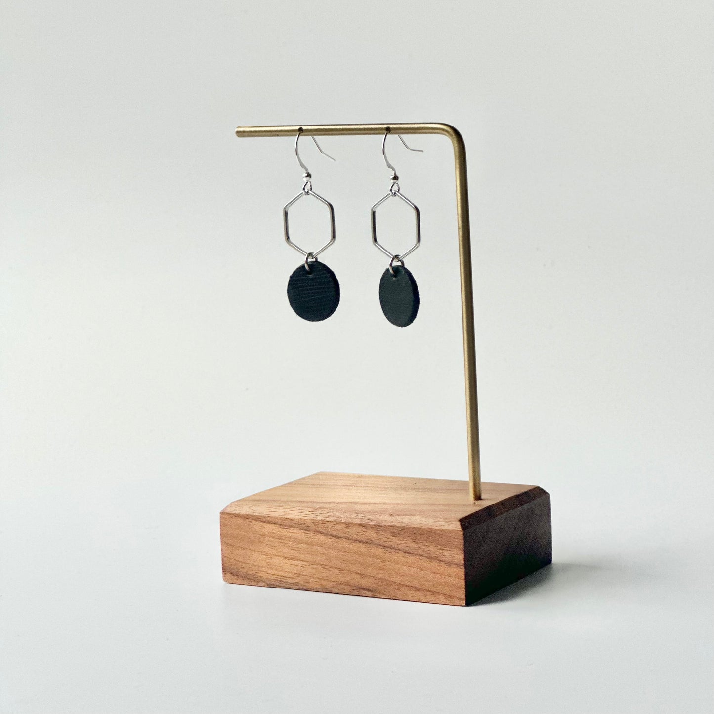 Black Textured Leather + Hexagon Earrings