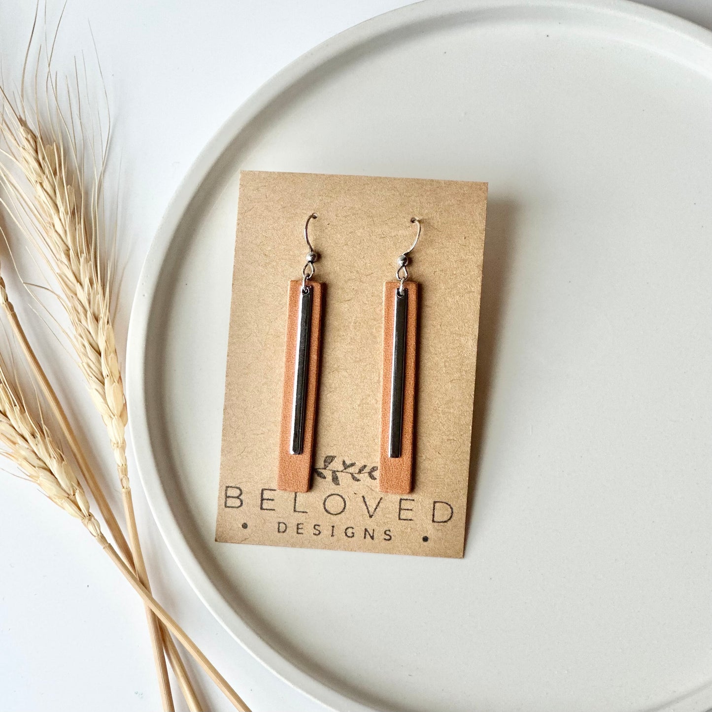 Natural Leather Bar + Rhodium Bar Earrings