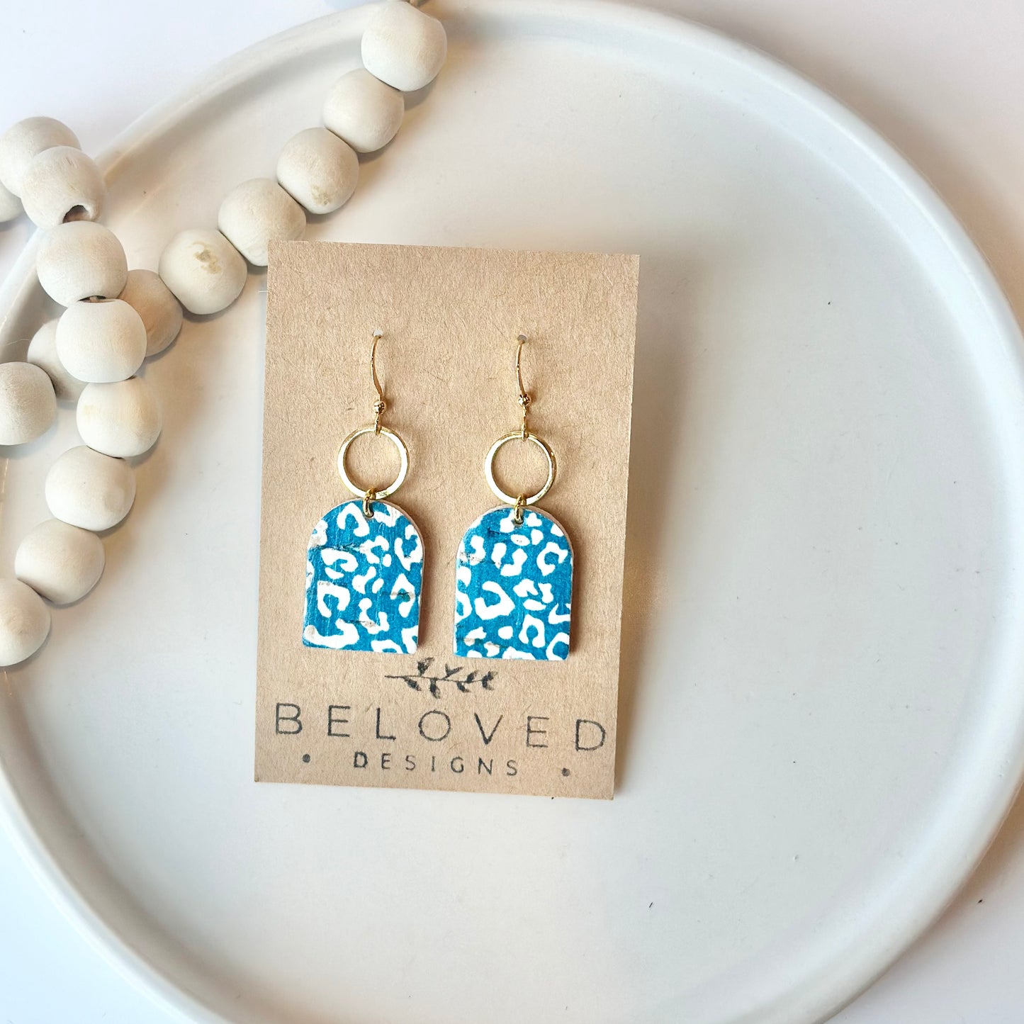 Teal Leopard Cork Leather Arch + Hoop Earrings