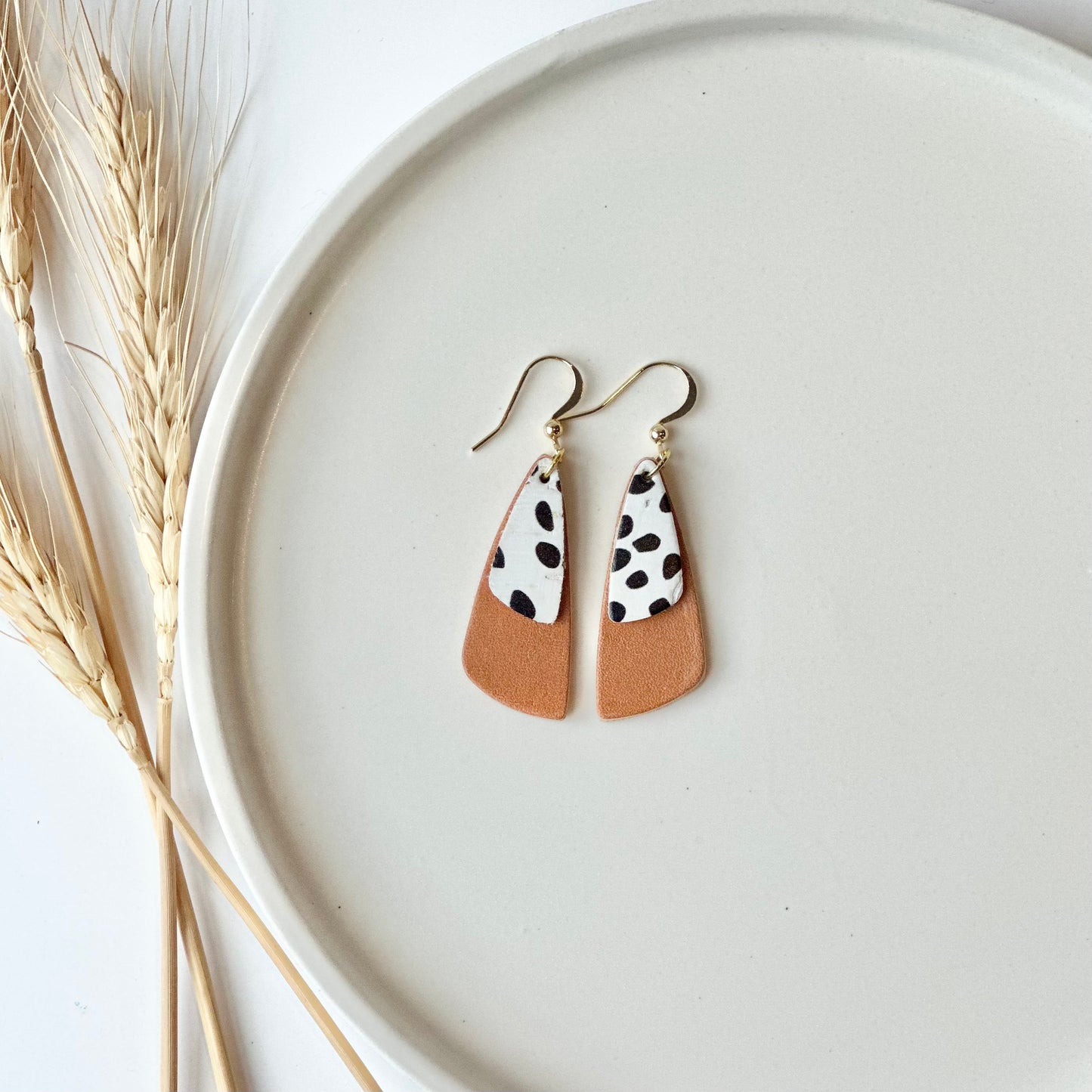 Natural Leather + Dalmatian Cork Drop Leaf Earrings