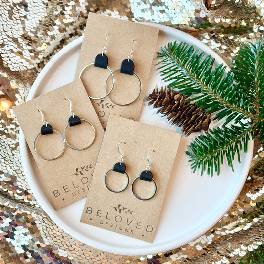 Black Leather + Rhodium Hoop Earrings