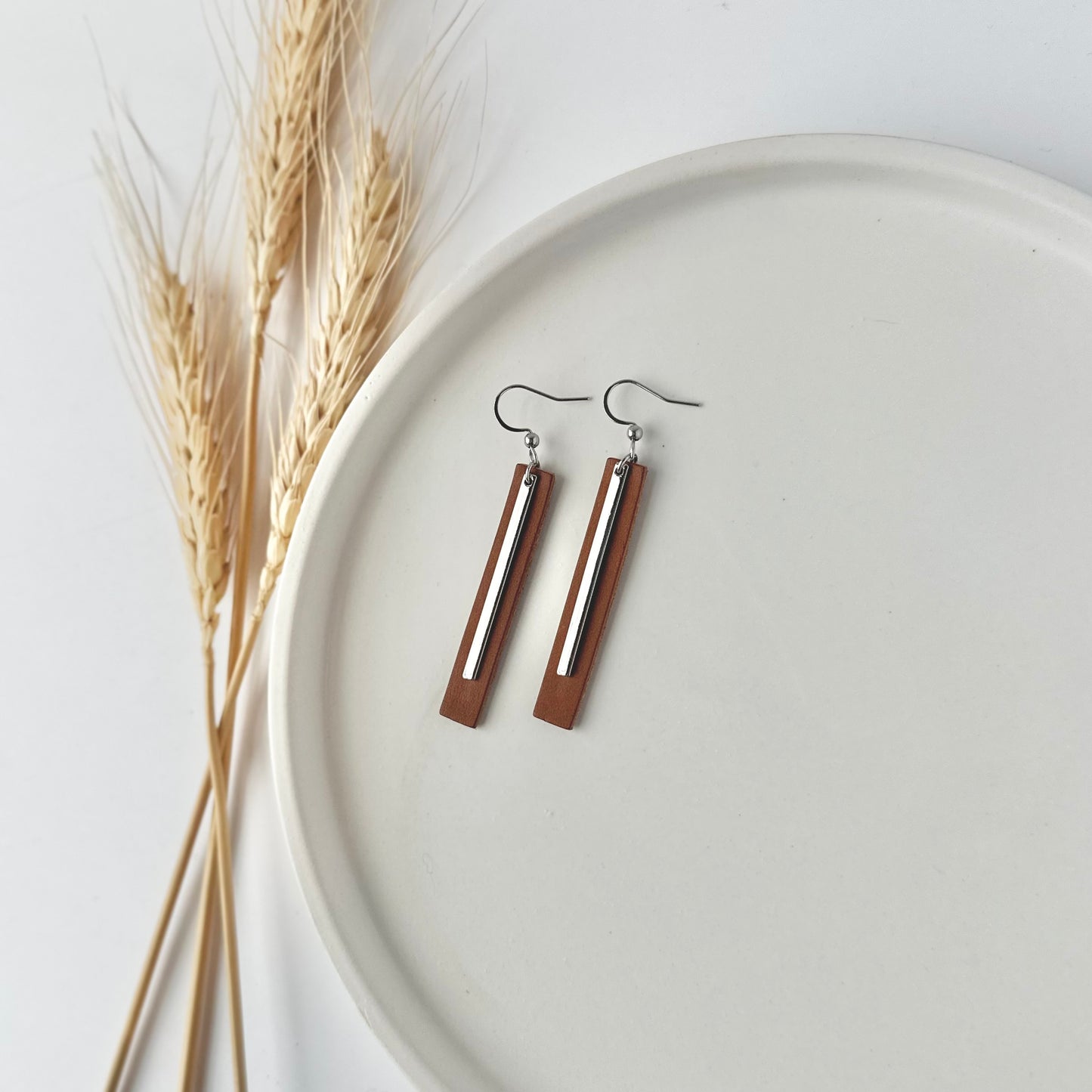 Cognac Leather Bar + Rhodium Bar Earrings