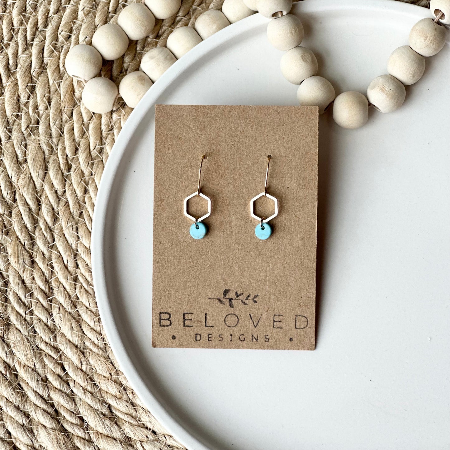 Petite Gold Hexagon + Howlite Earrings