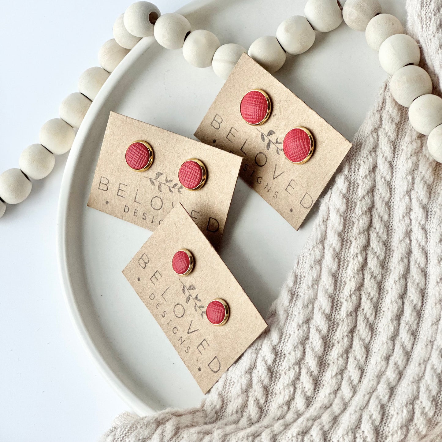 Cherry Red Textured Leather Stud Earrings