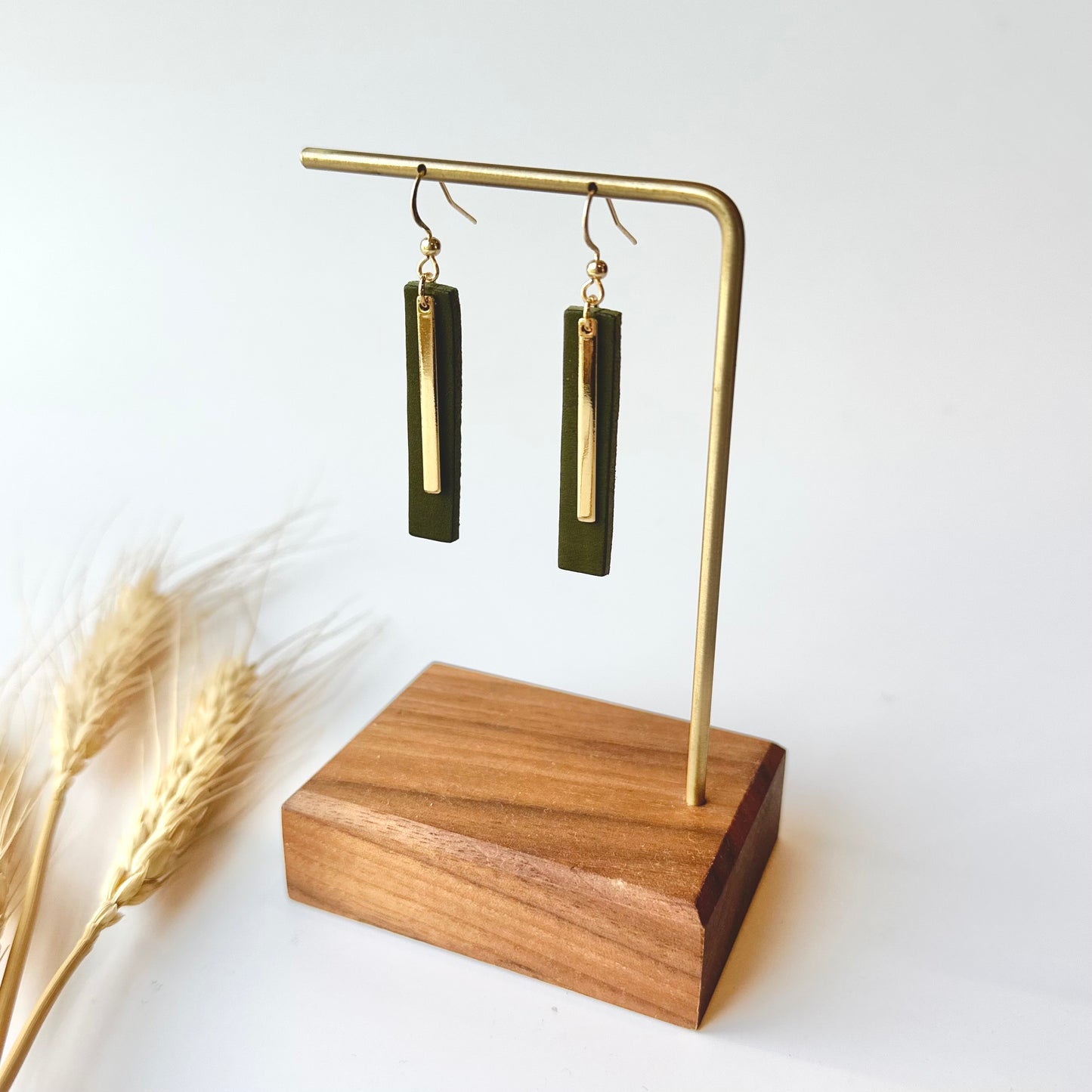 Olive Leather Bar + Gold Bar Earrings