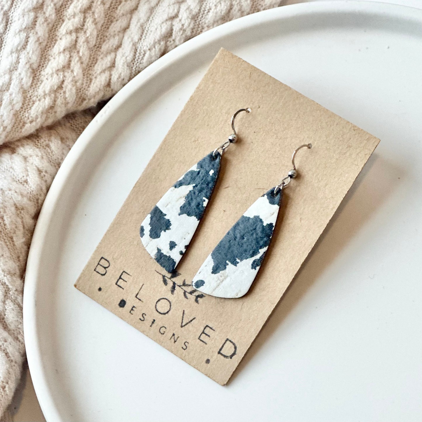 Cow Print Cork Leather Drop Leaf Earrings