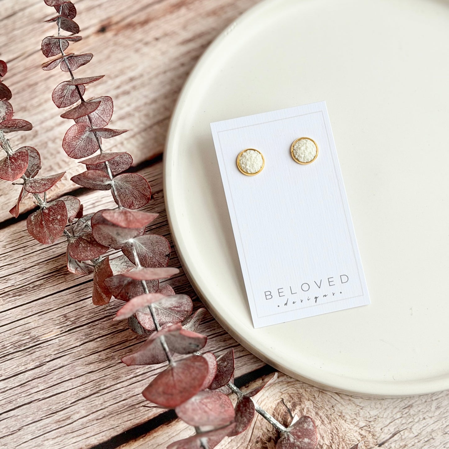 White Sparkle Stud Earrings | 12mm Gold