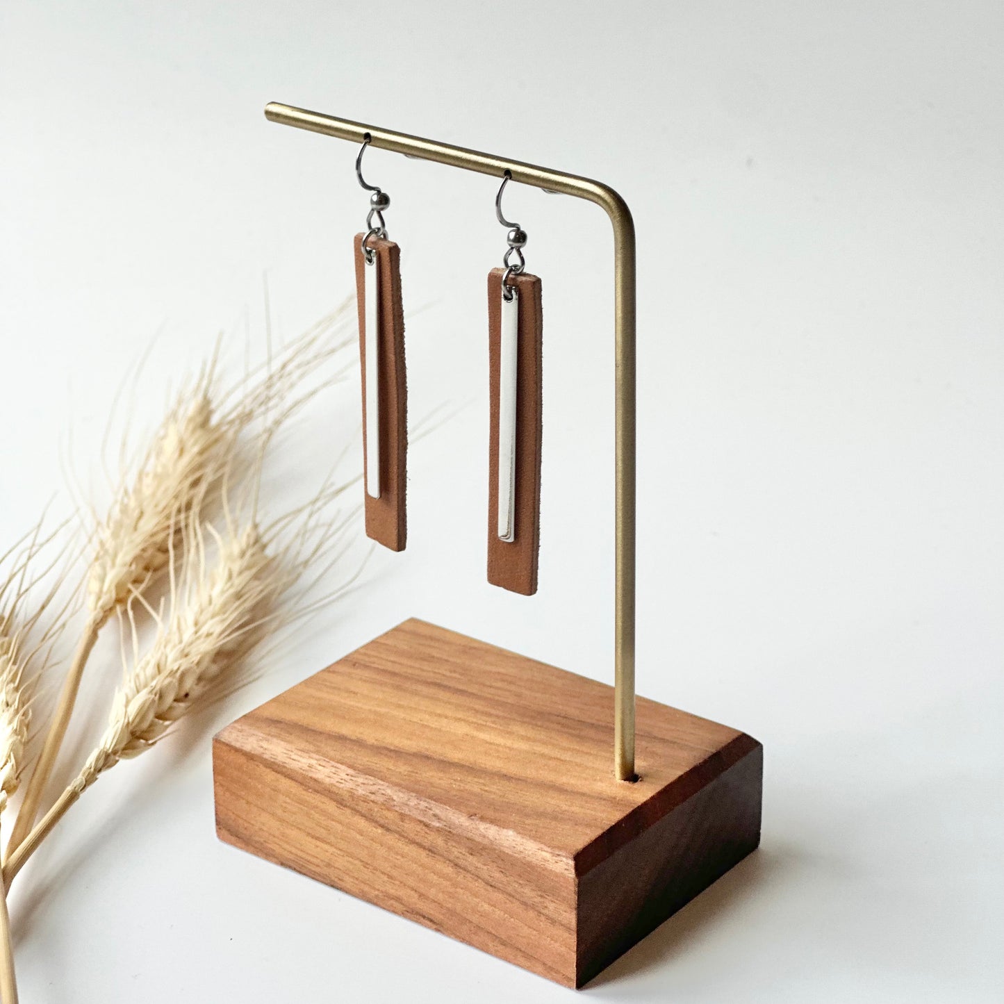 Natural Leather Bar + Rhodium Bar Earrings