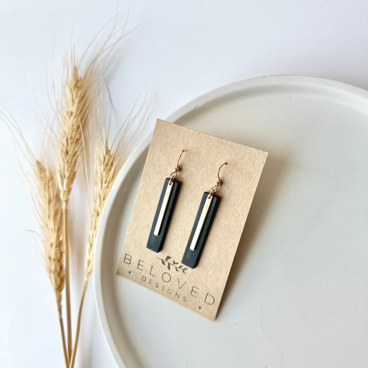 Black Leather Bar + Gold Bar Earrings