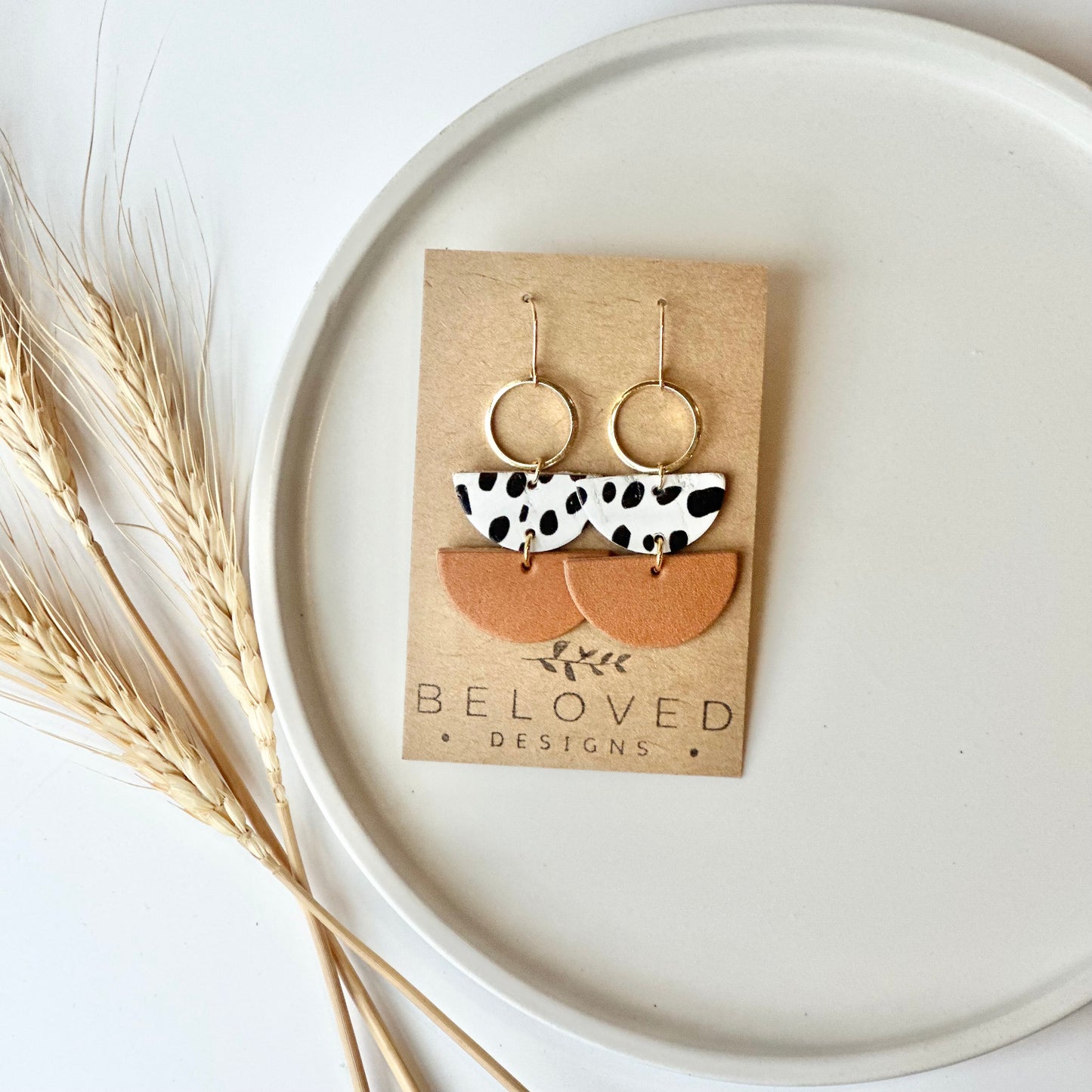 Dalmatian + Natural Leather Half Circle + Hoop Earrings