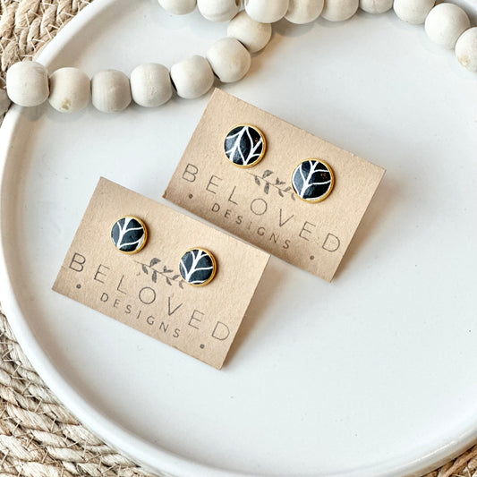 Black and White Chevron Leather Stud Earrings