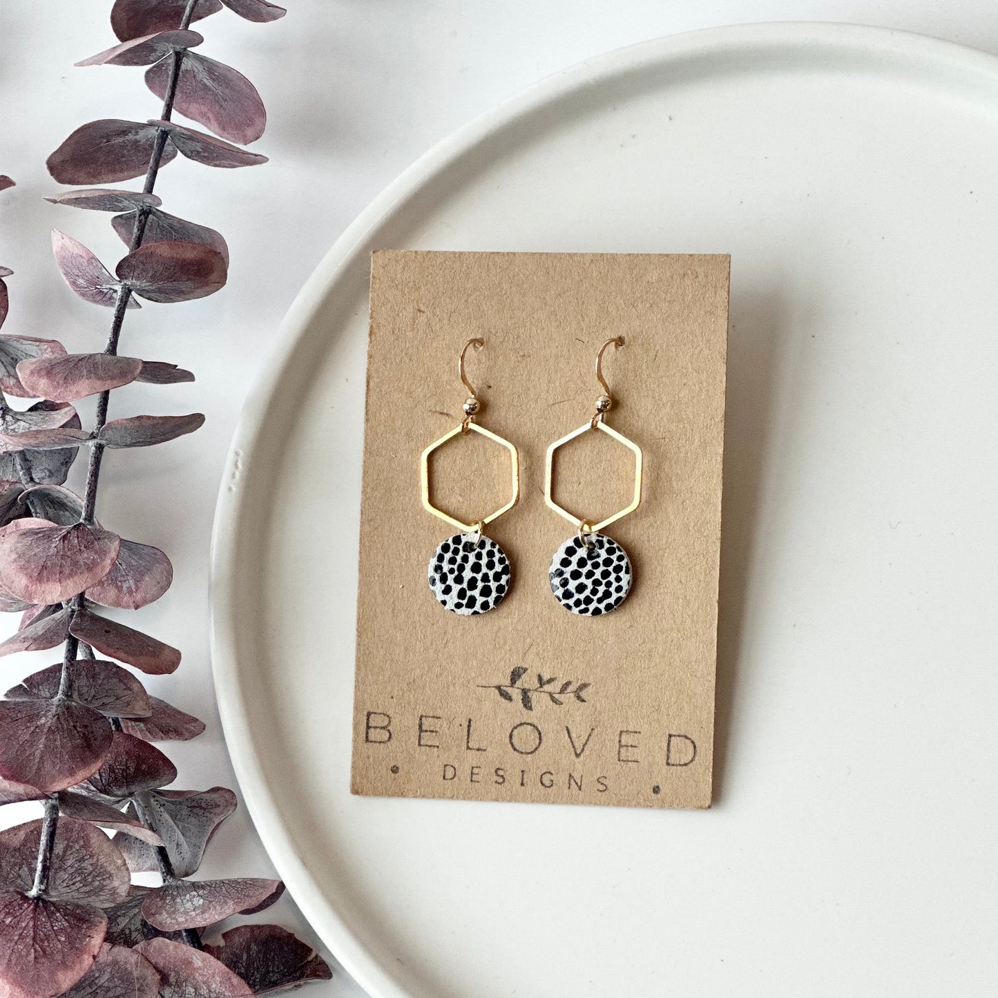 Mini Dalmatian Leather + Hexagon Earrings