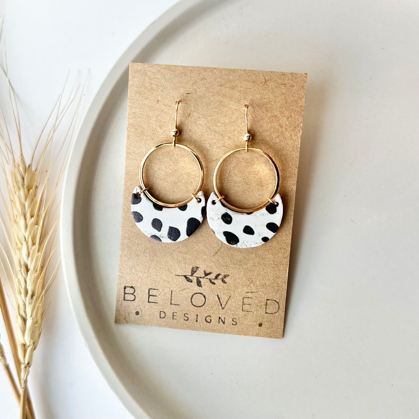 Dalmatian Cork Leather Crescent + Hoop Earrings