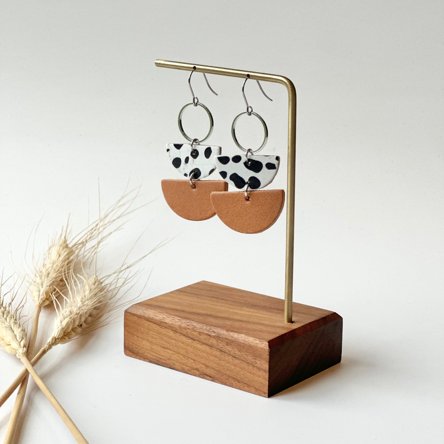 Dalmatian + Natural Leather Half Circle + Hoop Earrings