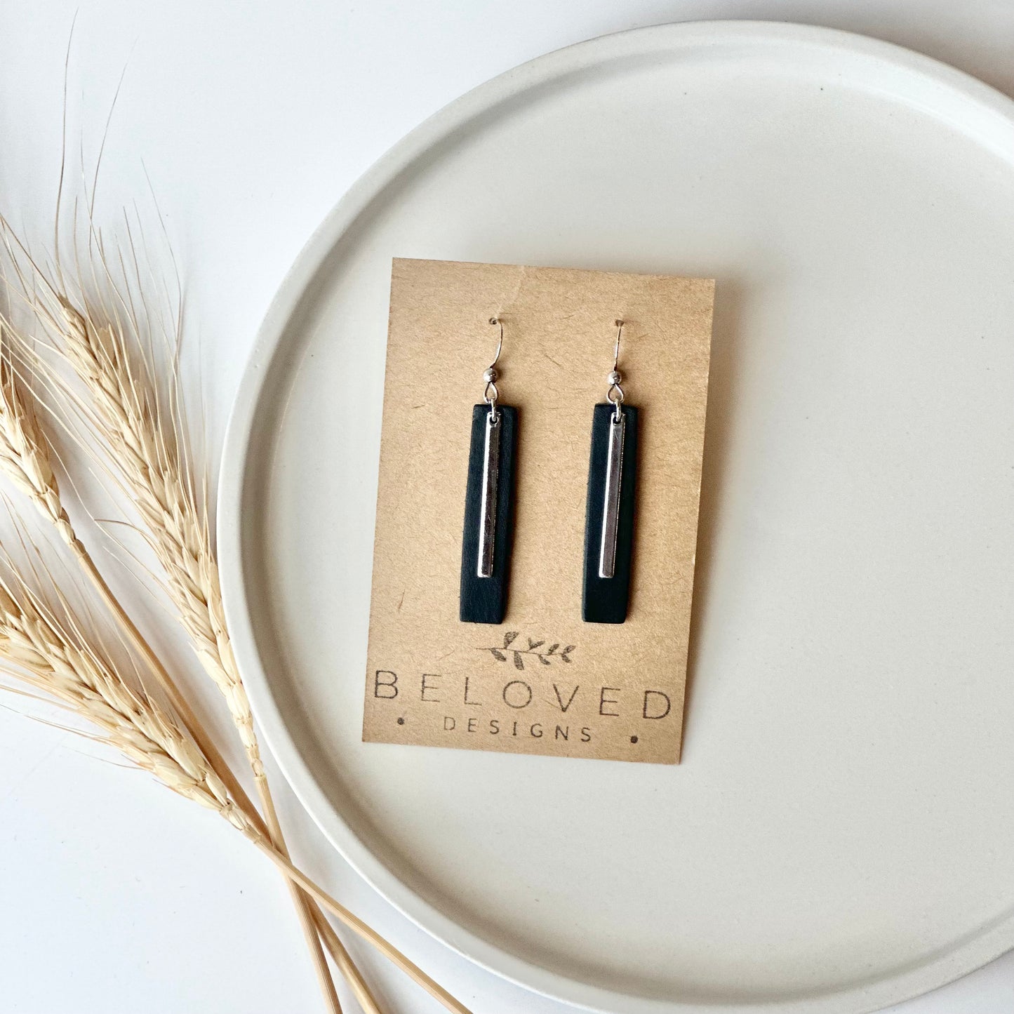 Black Leather Bar + Rhodium Bar Earrings