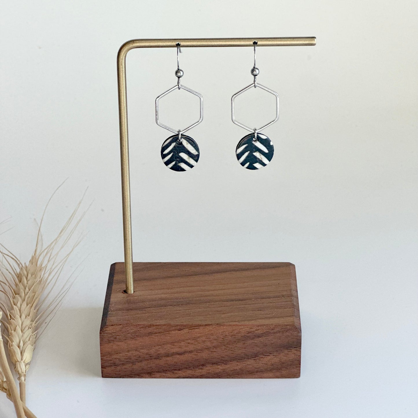 Black and White Chevron Cork Leather + Hexagon Earrings