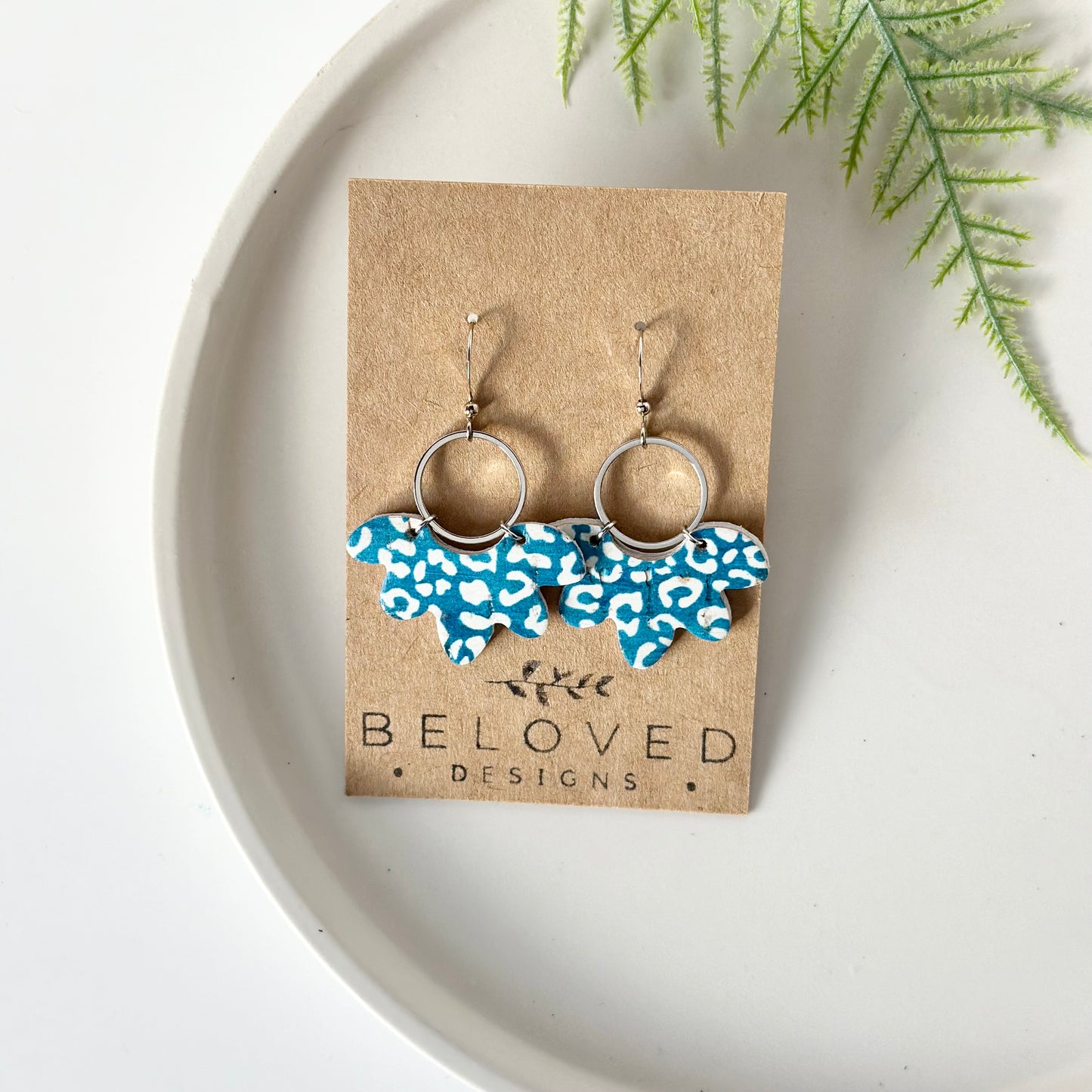 Teal Leopard Cork Leather Flower + Hoop Earrings