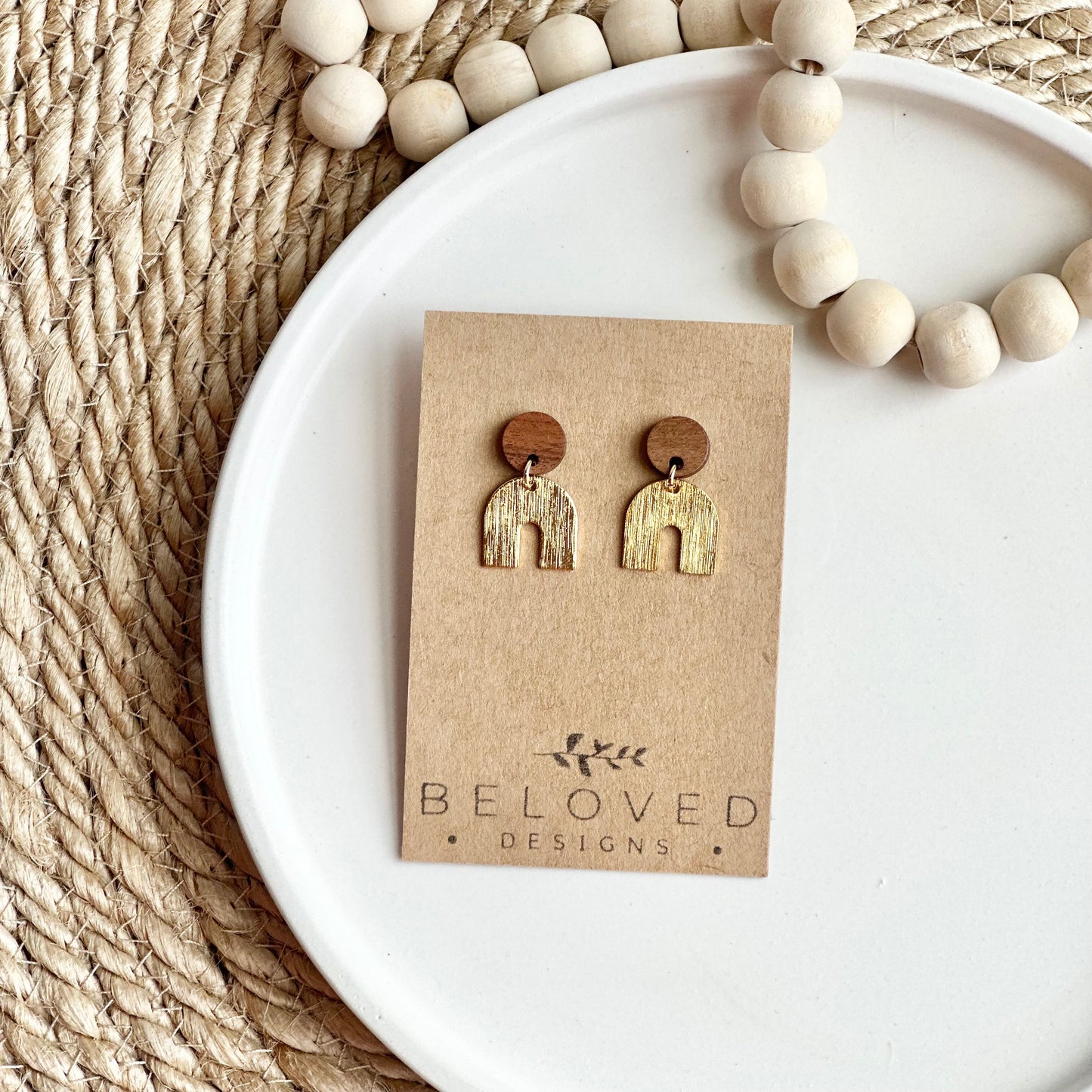 Brushed Gold Plated Arch + Wood Stud Earrings