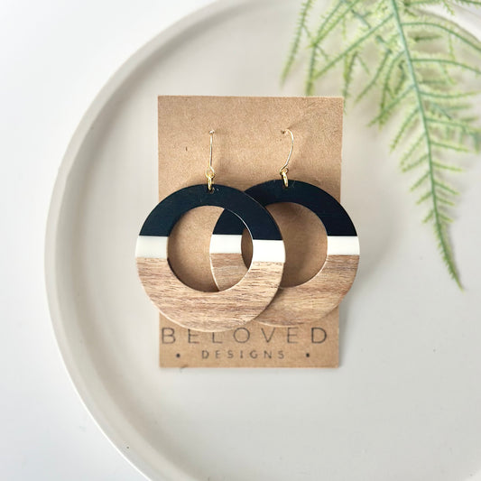 B + W Stripe Resin Hoop + Wood Earrings