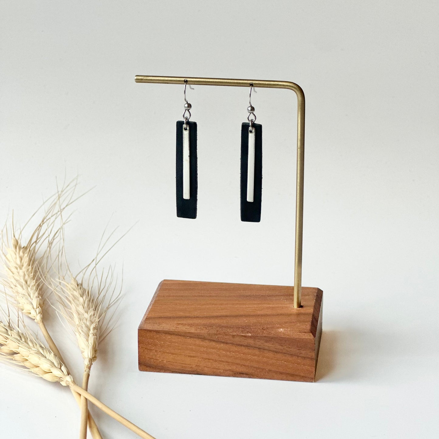 Black Leather Bar + Rhodium Bar Earrings