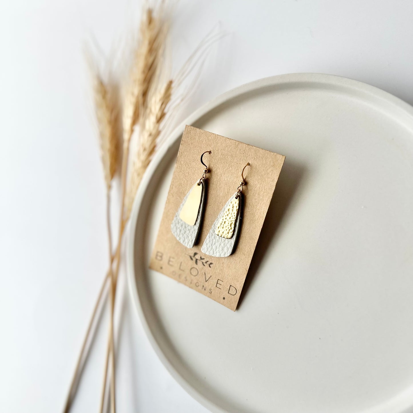 Cream Leather Drop Leaf + Hammered Brass Earrings