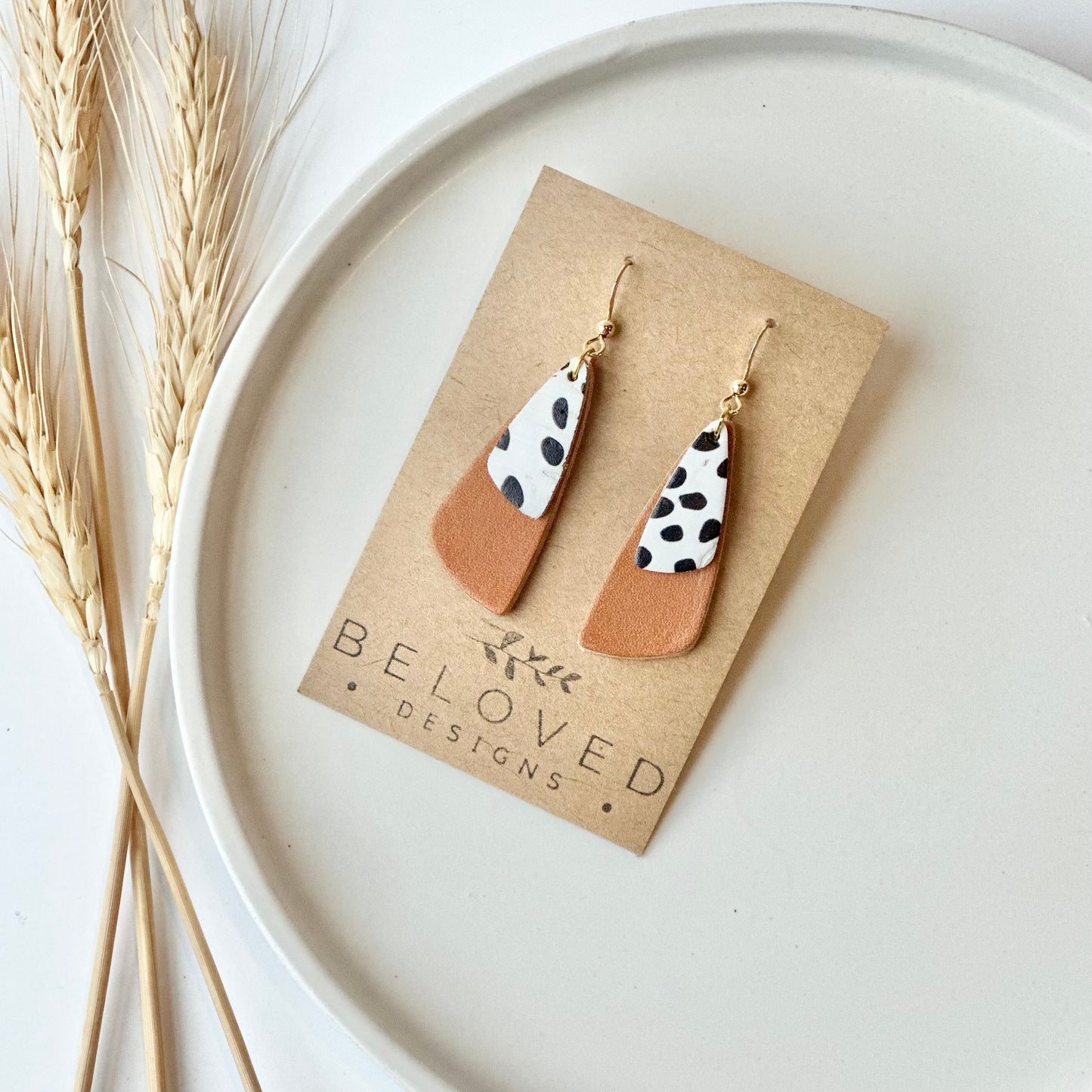 Natural Leather + Dalmatian Cork Drop Leaf Earrings