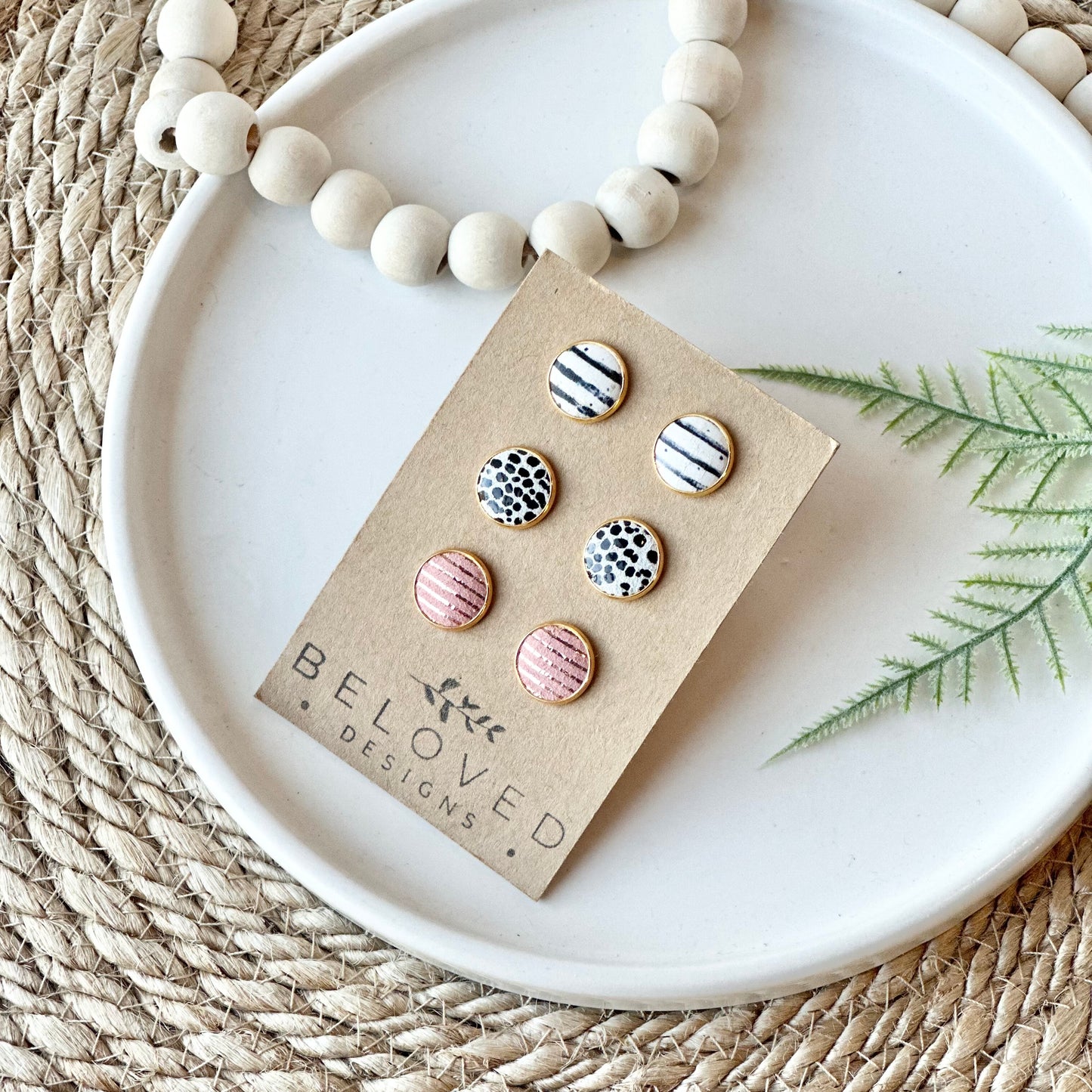 Trio Leather Stud Set - B + W Stripe | Mini Dalmatian | Blush Pink + Gold Stripe