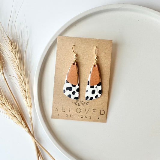 Dalmatian Cork + Natural Leather Drop Leaf Earrings