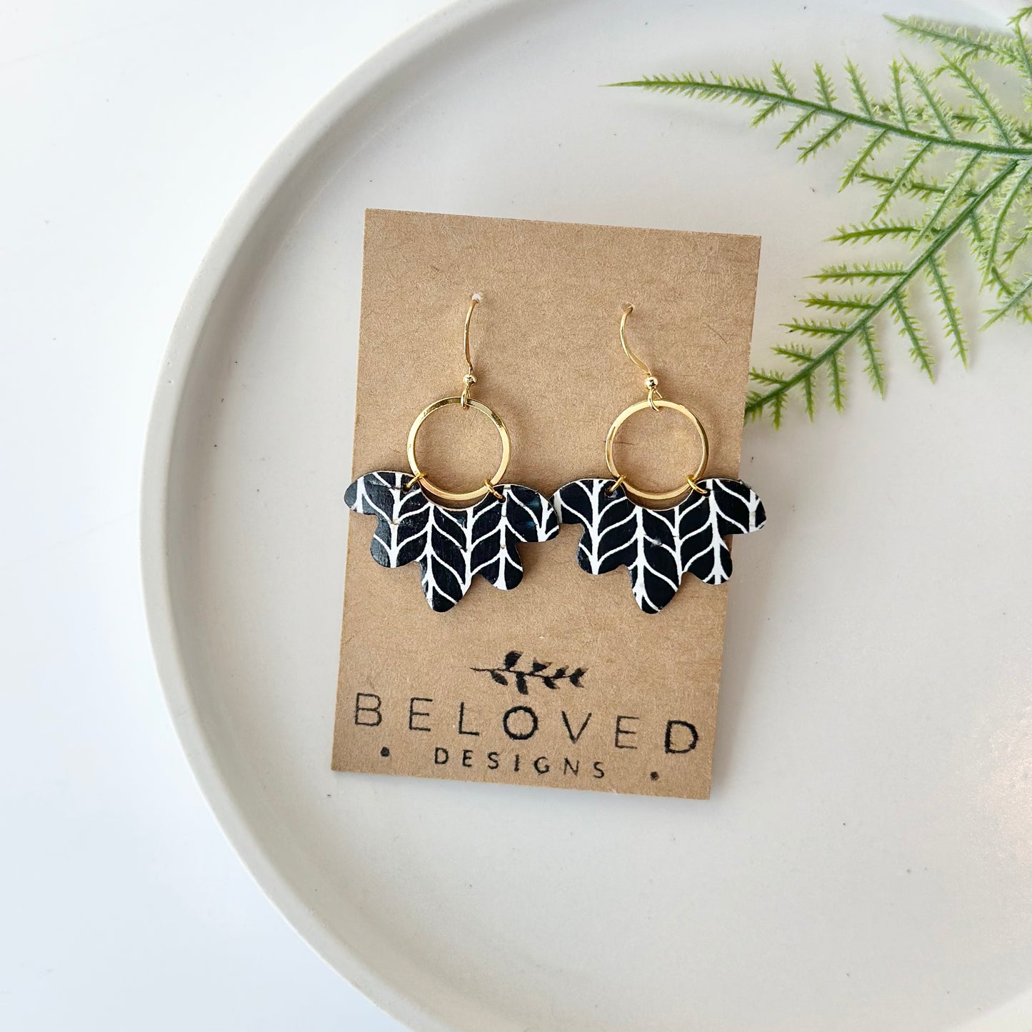 Black and White Chevron Flower + Hoop Earrings