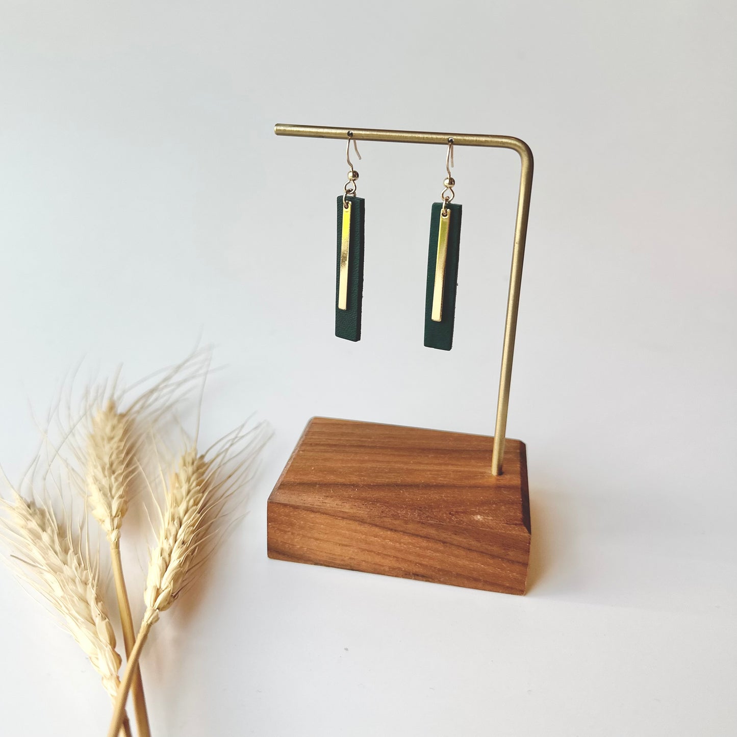 Deep Teal Leather Bar + Gold Bar Earrings