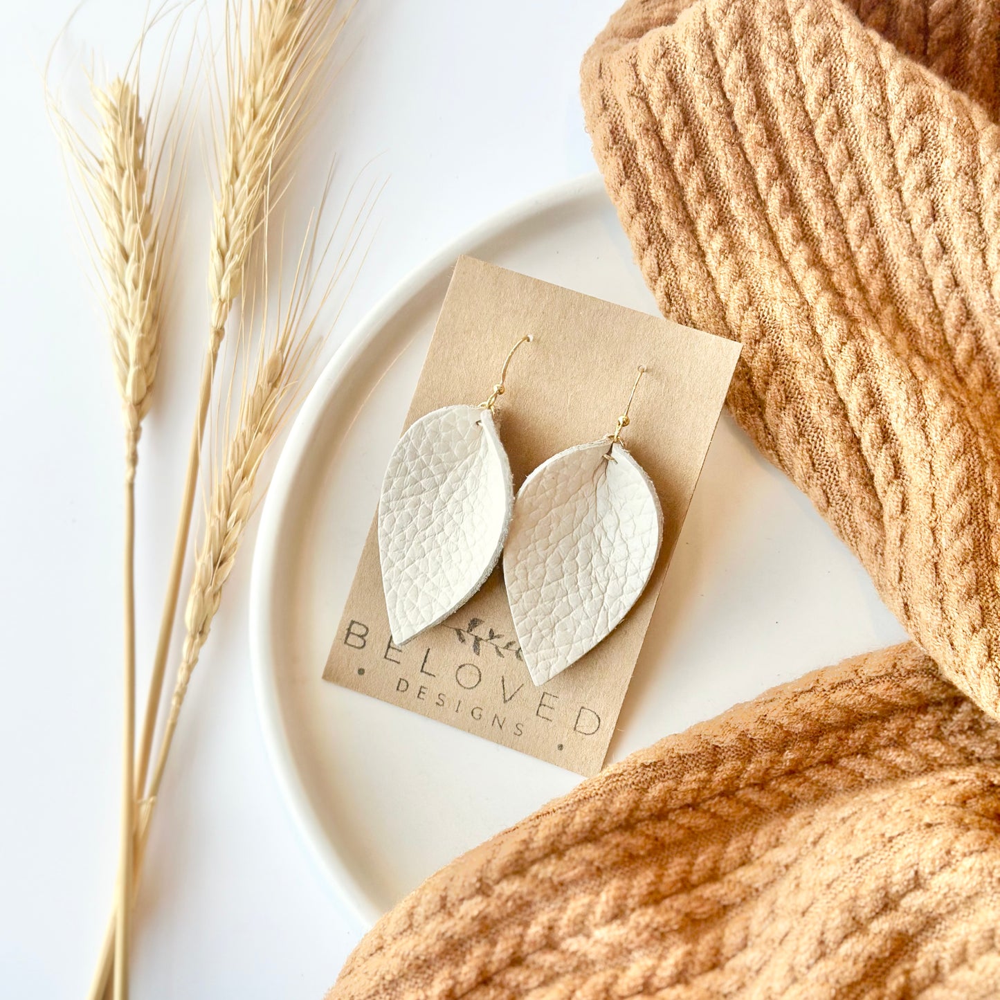 Almond Leather Folded Leaf Earrings - Large