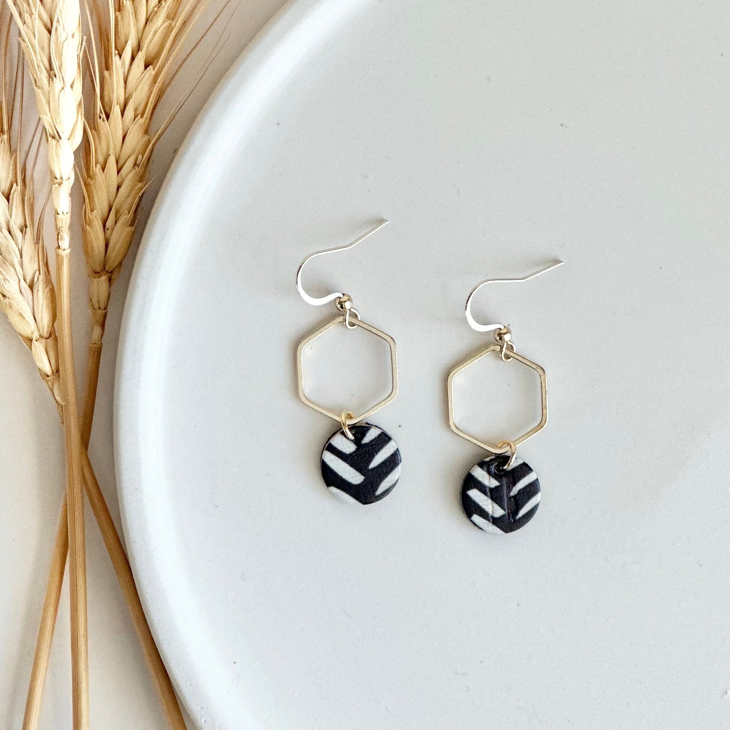 Black and White Chevron Cork Leather + Hexagon Earrings