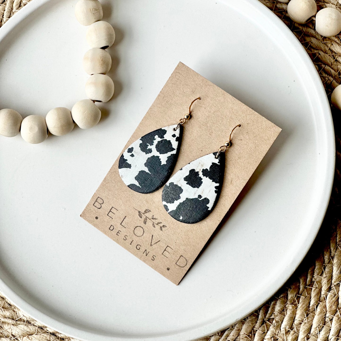 Cow Print Cork Leather Teardrop Earrings