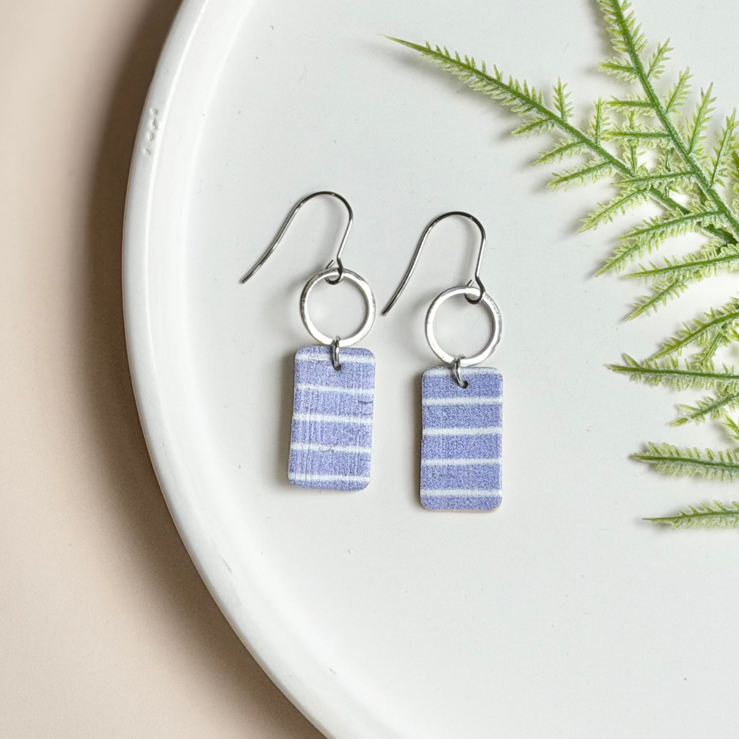 Cork Leather Rectangle + Hoop Earrings | Pale Blue Stripe