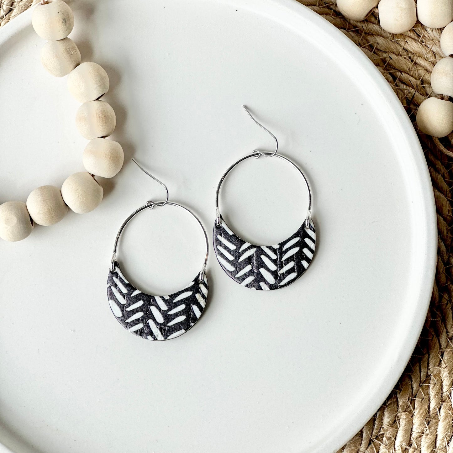 Black and White Chevron Cork Leather + Arch Earrings