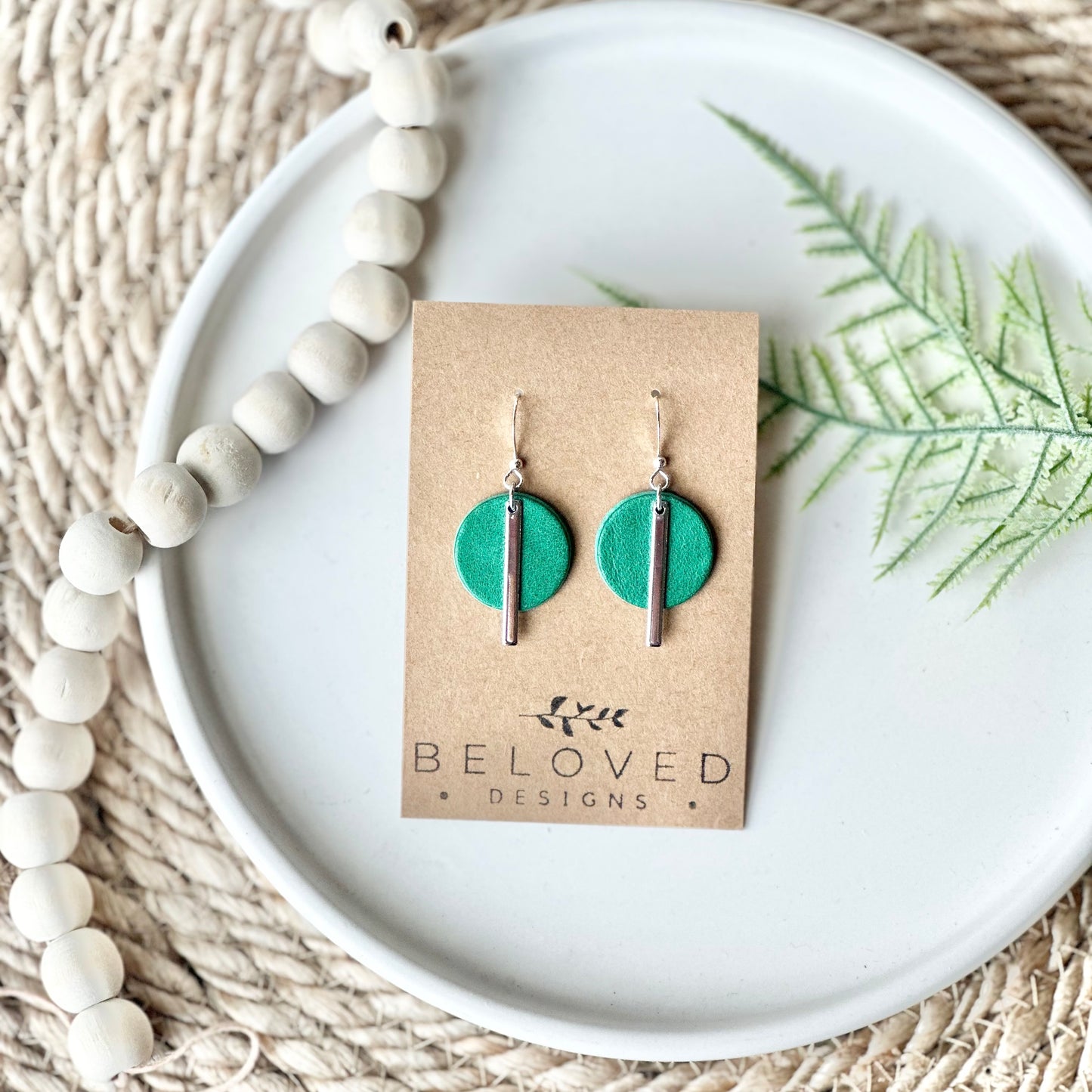 Emerald Green Leather Circle + Bar Earrings