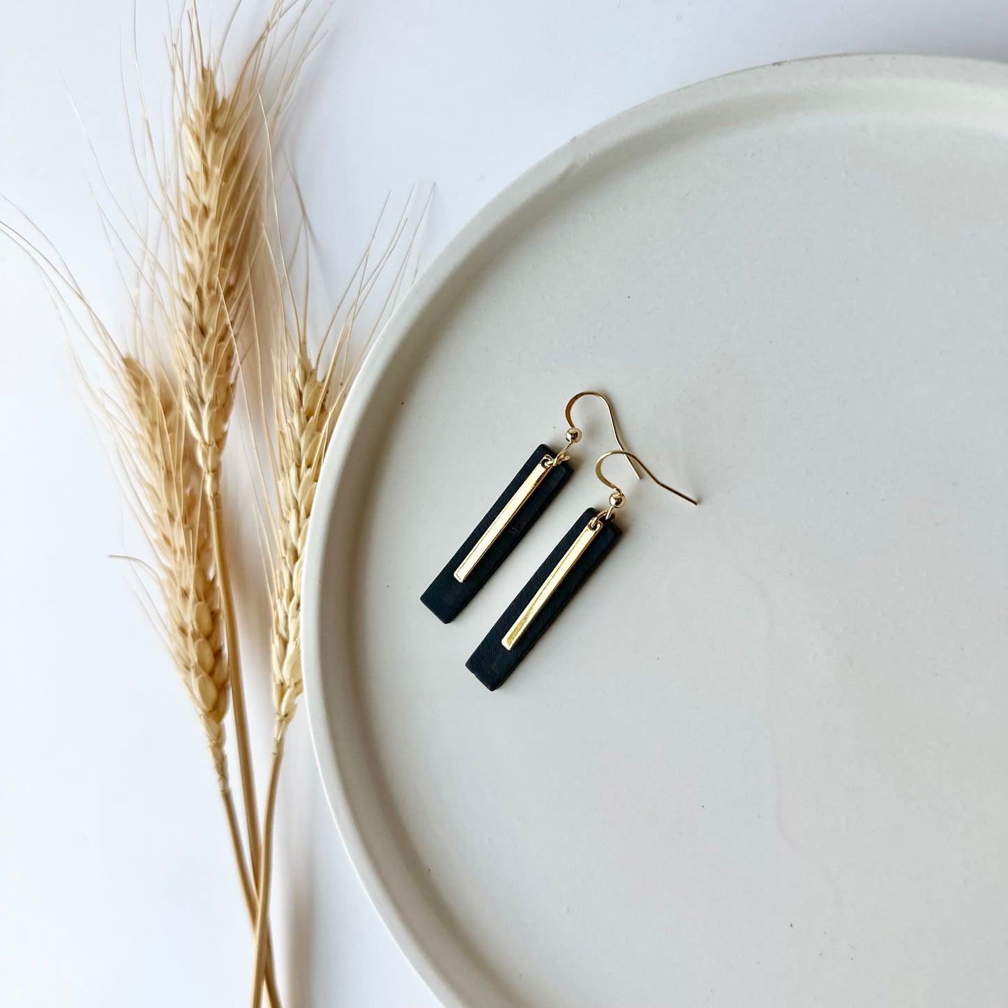 Black Leather Bar + Gold Bar Earrings