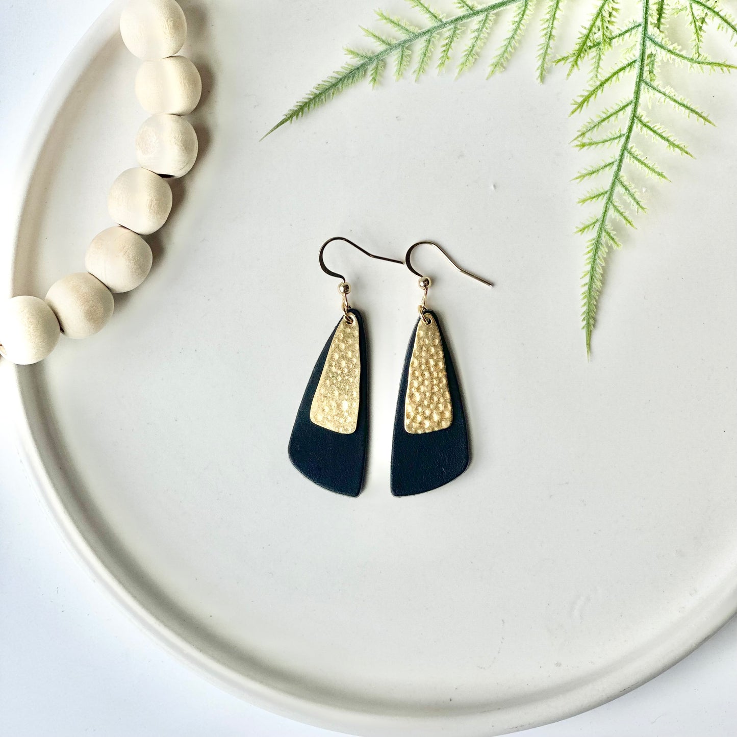 Black Leather Drop Leaf + Hammered Brass Earrings