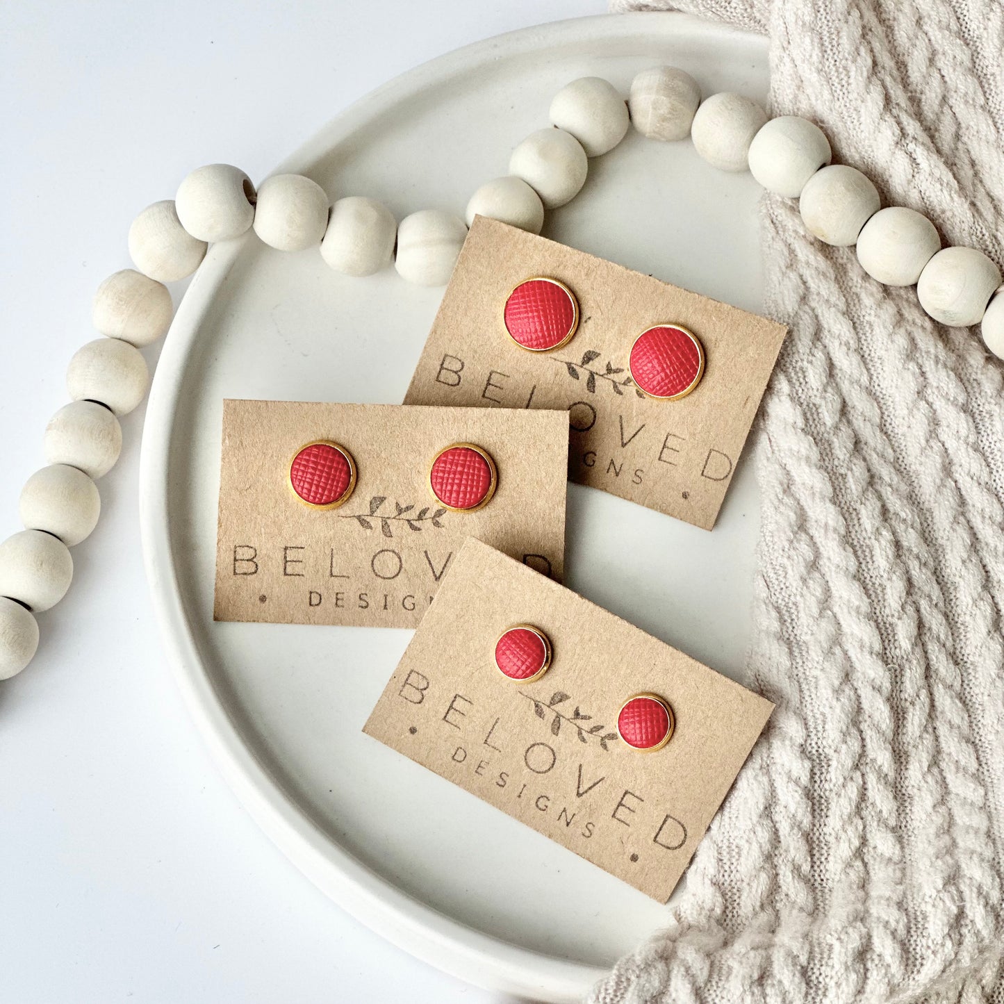 Cherry Red Textured Leather Stud Earrings