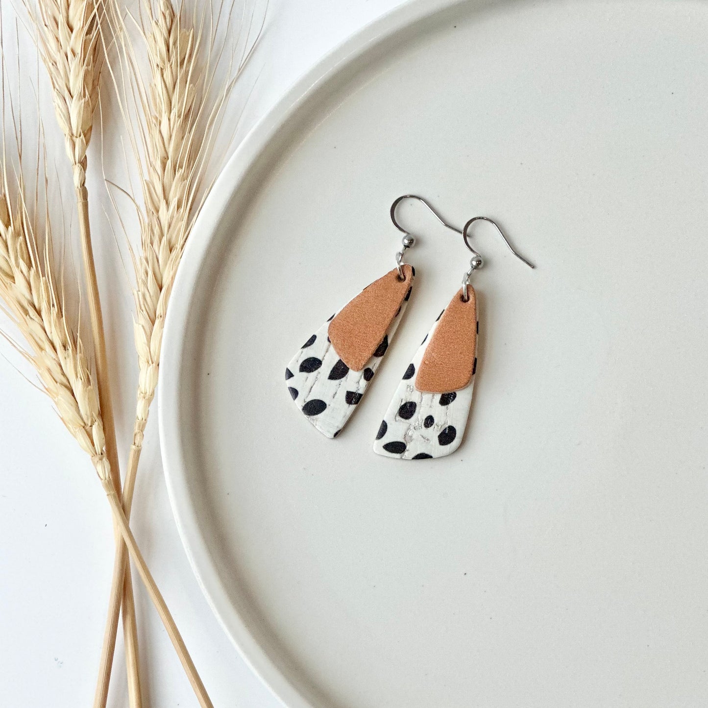 Dalmatian Cork + Natural Leather Drop Leaf Earrings