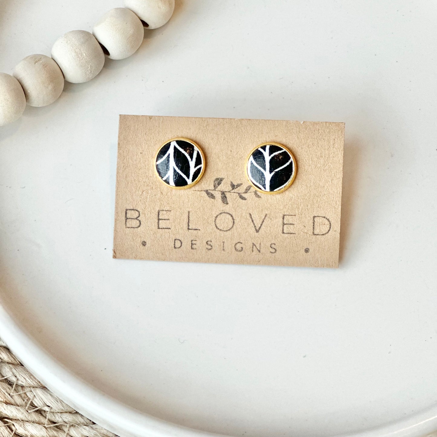 Black and White Chevron Leather Stud Earrings