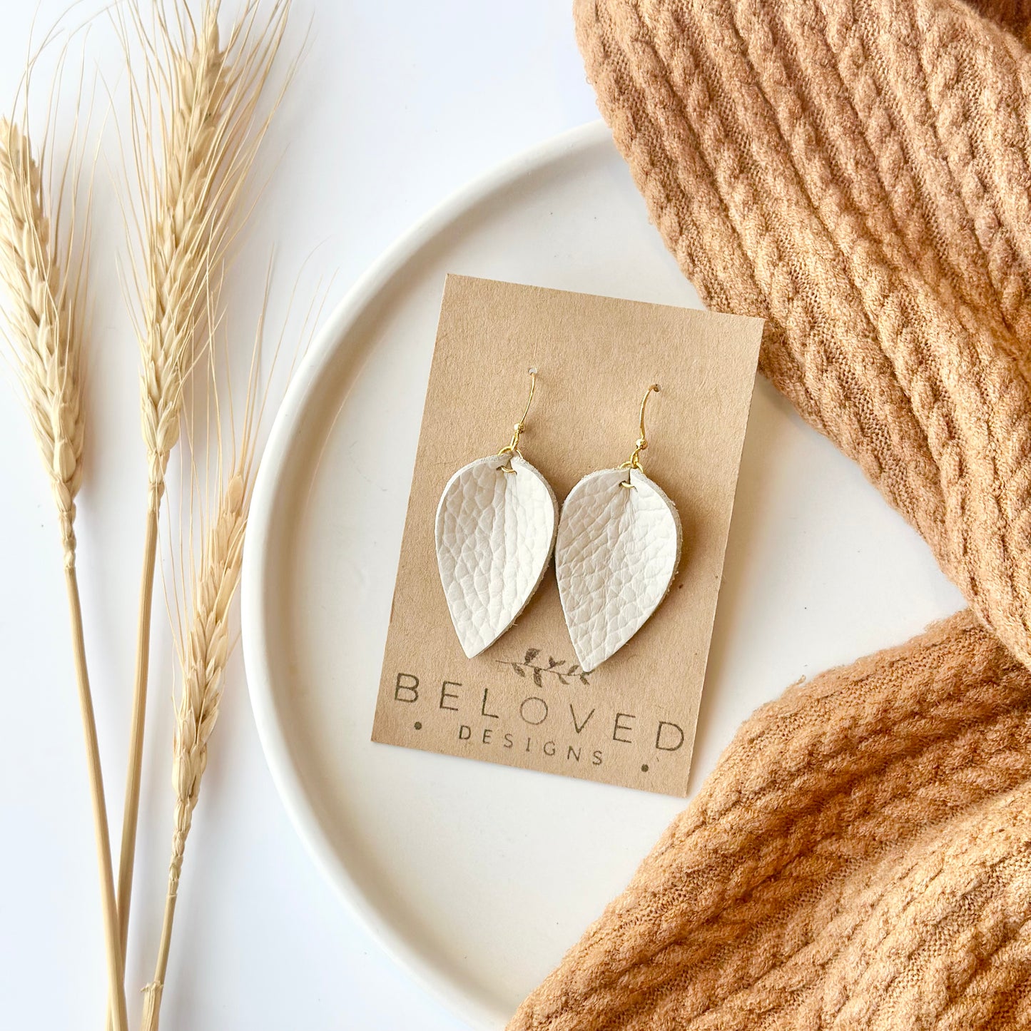 Almond Leather Folded Leaf Earrings - Small