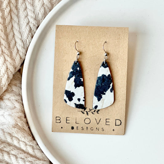 Cow Print Cork Leather Drop Leaf Earrings