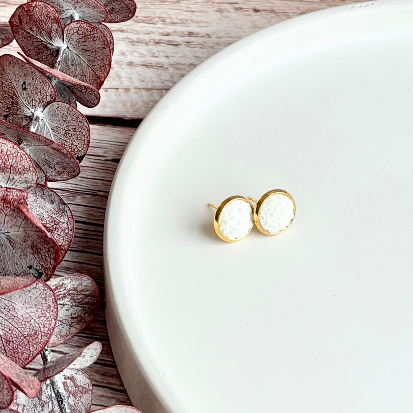 White Sparkle Stud Earrings | 12mm Gold