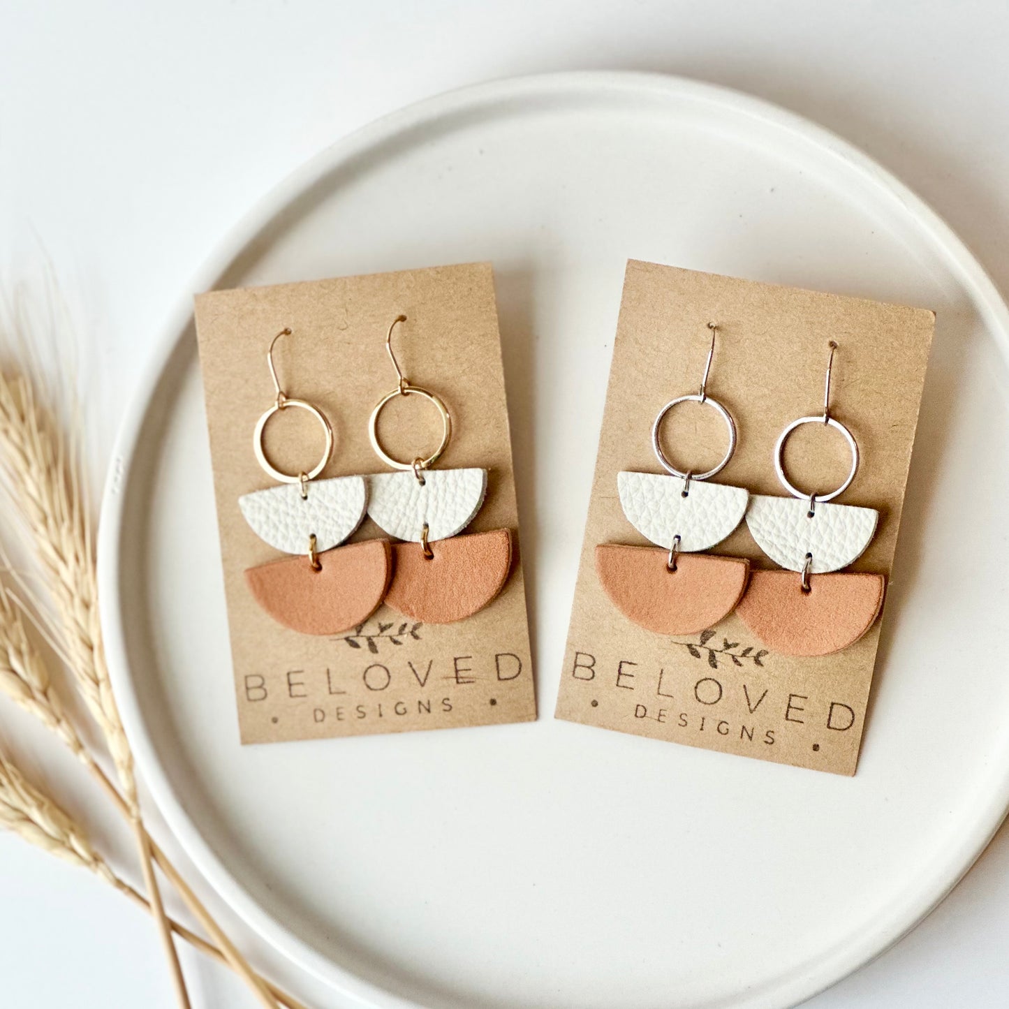 Natural + Cream Leather Half Circle + Hoop Earrings