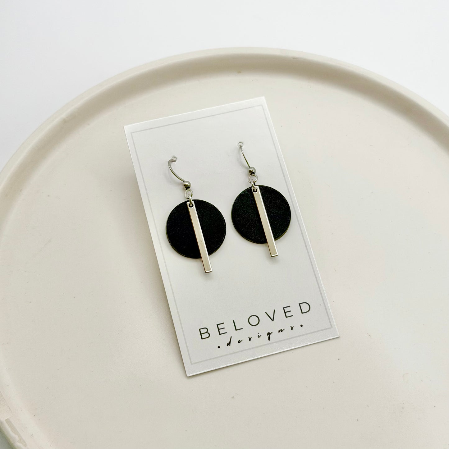 Leather Circle + Rhodium Bar Earrings | Black