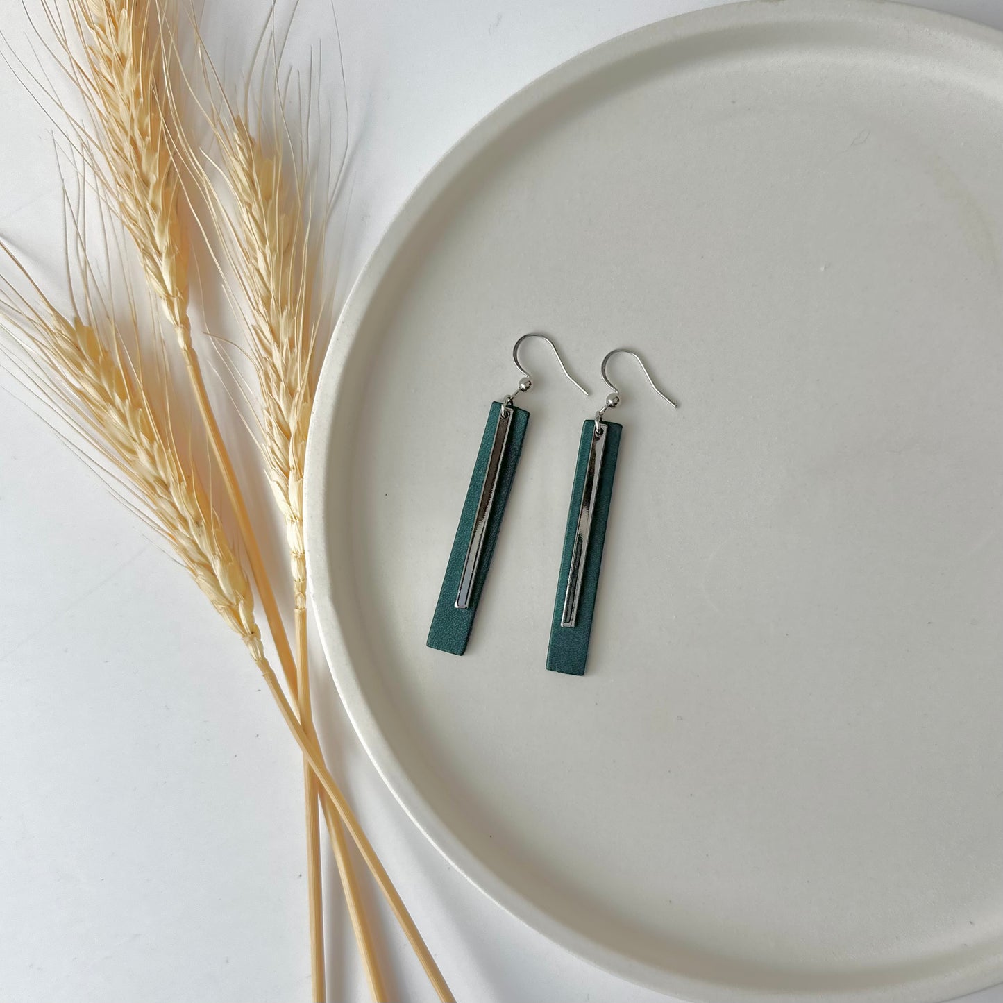 Deep Teal Leather Bar + Rhodium Bar Earrings