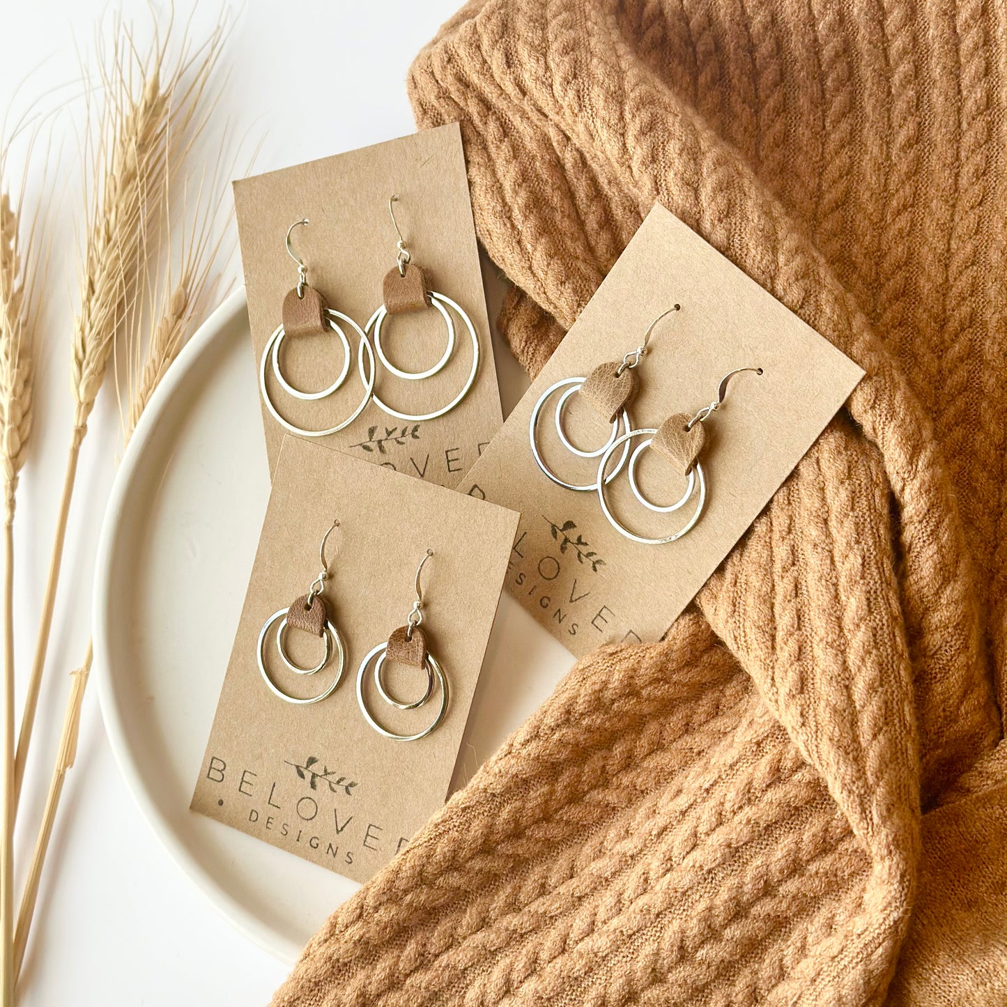 Camel Leather + Double Rhodium Hoop Earrings - Small