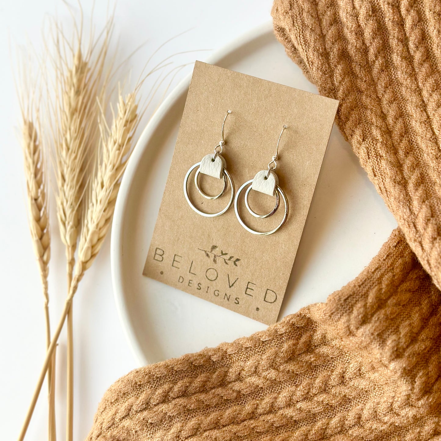 Cream Leather + Double Rhodium Hoop Earrings